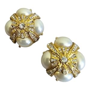 Vintage Crown Royal Faux Pearl Crystal Rhinestone Button Clip On Earrings